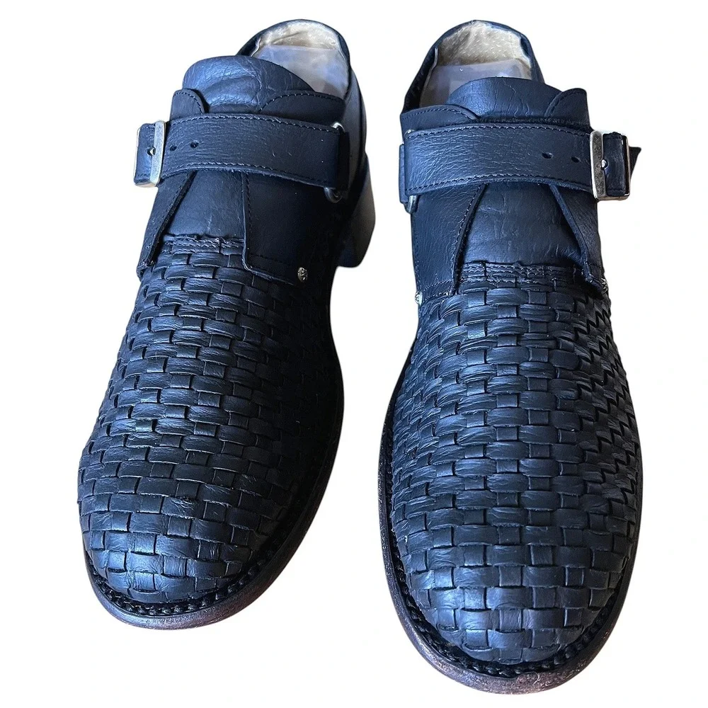 John Fluevog Ayn Black Woven Leather Monk Strap Shoes Low Block Heel Womens 10W